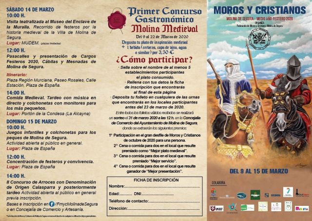 El Medio Año Festero 2020 de Moros y Cristianos de Molina de Segura se celebra del 9 al 15 marzo y presenta como novedad el I Concurso Gastronómico Molina Medieval