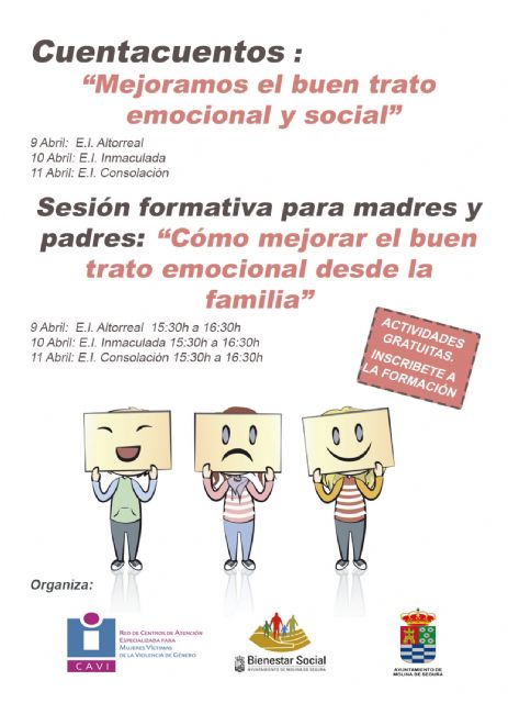 La Concejalía de Bienestar Social organiza cuentacuentos para alumnos y sesiones formativas para madres y padres de las escuelas infantiles de Molina de Segura los días 9, 10 y 11 de abril