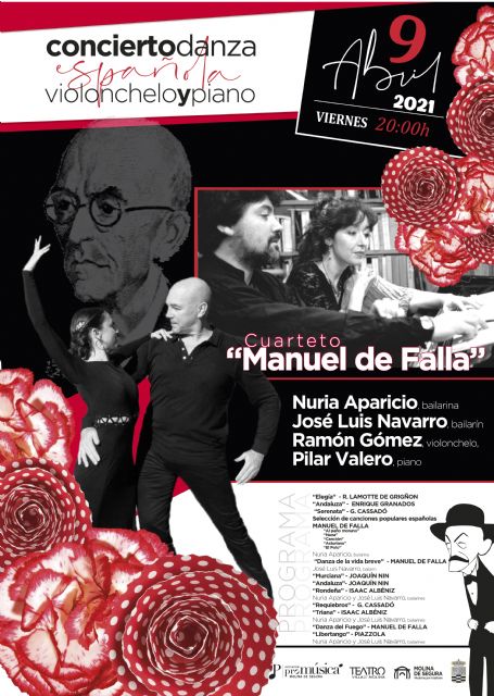 El Cuarteto Manuel de Falla ofrece el concierto DANZA ESPAÑOLA, VIOLONCHELO Y PIANO el viernes 9 de abril en el Teatro Villa de Molina