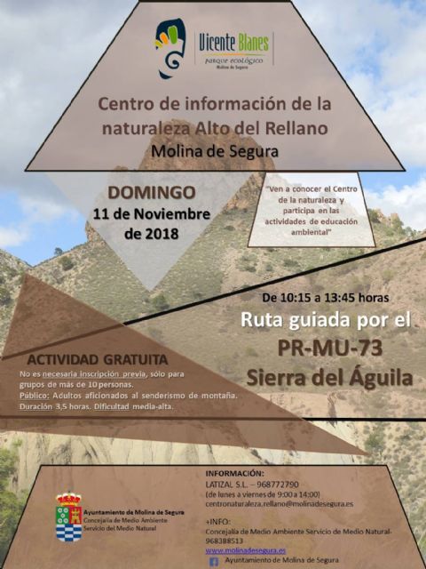 El Centro de Información de la Naturaleza Alto del Rellano de Molina de Segura organiza una ruta guiada por el sendero de la Sierra del Águila el domingo 11 de noviembre