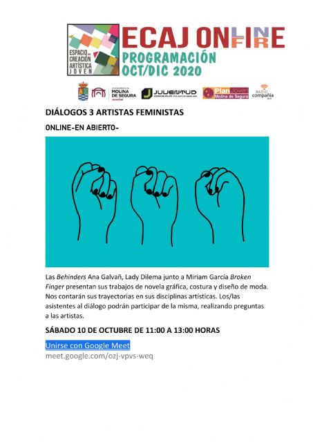 La Concejalía de Juventud de Molina de Segura organiza el encuentro Diálogos: 3 Artistas Feministas el sábado 10 de octubre