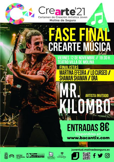 La fase final de la modalidad de música del Certamen de Creación Artística Joven CREARTE 2021 de Molina de Segura se celebra el viernes 12 de noviembre con MR. KILOMBO como artista invitado