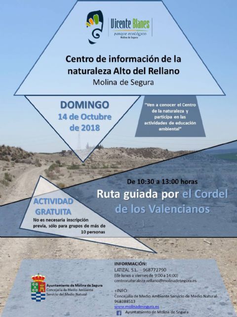 El Centro de Información de la Naturaleza Alto del Rellano de Molina de Segura propone una ruta guiada por el Cordel de los Valencianos el domingo 14 de octubre