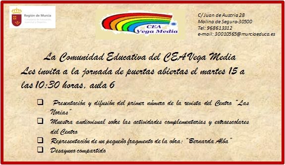 Abierto el plazo de solicitud de matrícula para el Centro Comarcal de Educación de Adultos Vega Media de Molina de Segura hasta el día 30 de mayo