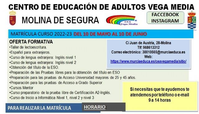 Abierto el plazo de solicitud de matrícula para el Centro Comarcal de Educación de Adultos Vega Media de Molina de Segura hasta el día 10 de junio