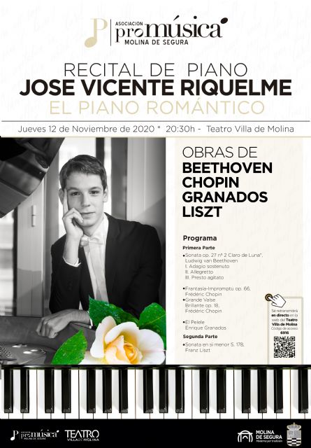 José Vicente Riquelme ofrece el recital EL PIANO ROMÁNTICO el jueves 12 de noviembre en el Teatro Villa de Molina