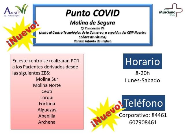 Molina de Segura contará a partir del próximo lunes 14 de septiembre, en el Parque Infantil de Tráfico, con un Punto COVID de toma de muestras para la realización de hasta 350 PCR diarias
