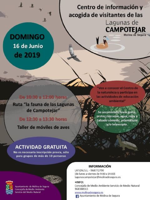 La fauna silvestre será objeto de estudio en el Centro de Información y Acogida de Visitantes de Las Lagunas de Campotéjar  Salar Gordo de Molina de Segura el domingo 16 de junio