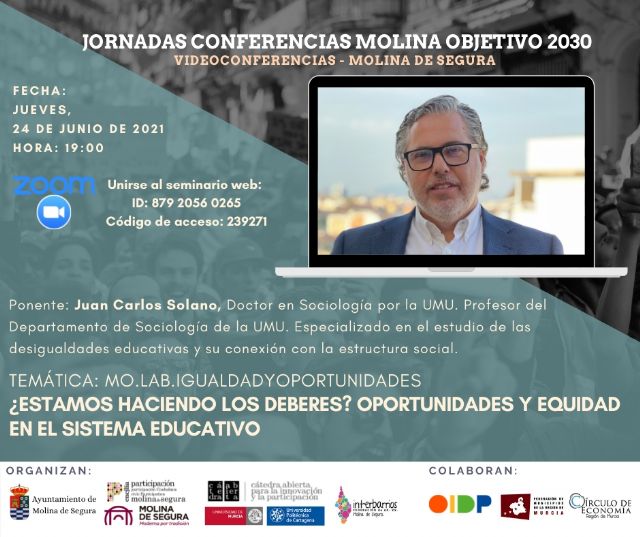La Concejalía de Participación Ciudadana de Molina de Segura inicia las III Jornadas online Molina Objetivo 2030 con la videoconferencia de Juan Carlos Solano el jueves 24 de junio