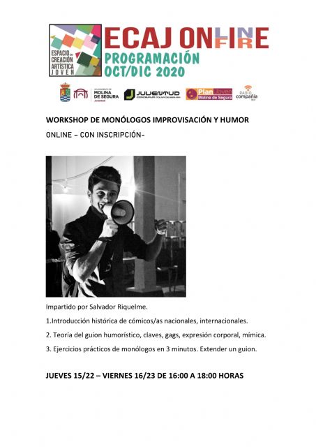 La Concejalía de Juventud de Molina de Segura pone en marcha hoy jueves 15 de octubre la formación Workshop: Monólogos, Humor e Improvisación