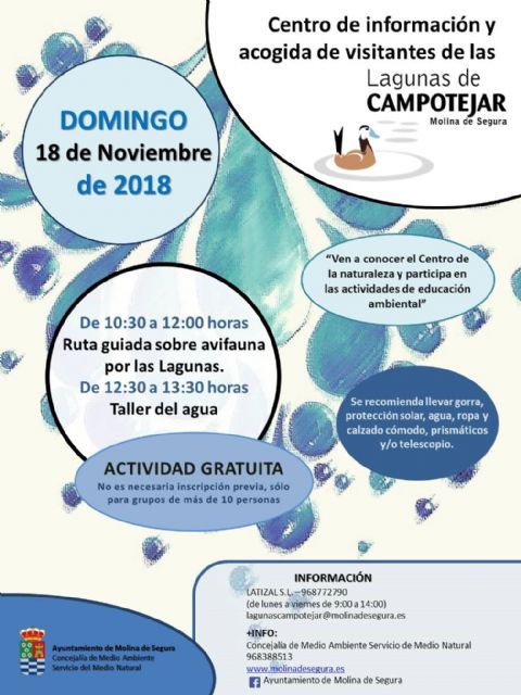 El Centro de Información y Acogida de Visitantes de Las Lagunas de Campotéjar  Salar Gordo de Molina de Segura invita a conocer la avifauna el domingo 18 de noviembre