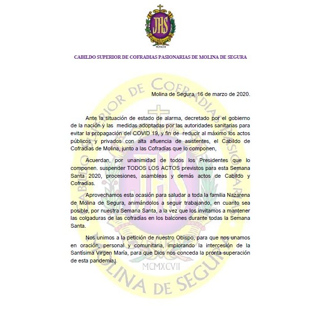 Se suspendes todos los actos previstos para esta Semana Santa 2020 de Molina de Segura