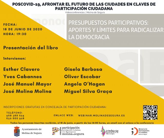 Presentación del libro Presupuestos Participativos: Aportes y límites para radicalizar la democracia, el jueves 18 de junio, en las Jornadas de videoconferencias Poscovid-19 en Molina de Segura