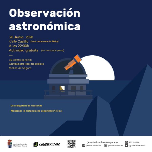 El programa UN VERANO DE RETOS, de la Concejalía de Juventud de Molina de Segura, ofrece como primera actividad una observación astronómica el viernes 26 de junio