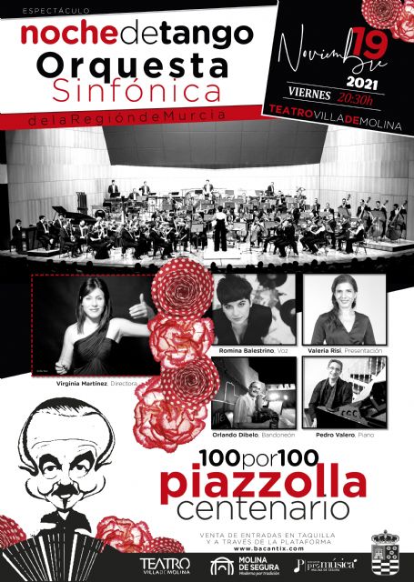 La Orquesta Sinfónica de la Región de Murcia ofrece el espectáculo NOCHE DE TANGO. 100POR100 PIAZZOLLA. CENTENARIO el viernes 19 de noviembre en el Teatro Villa de Molina