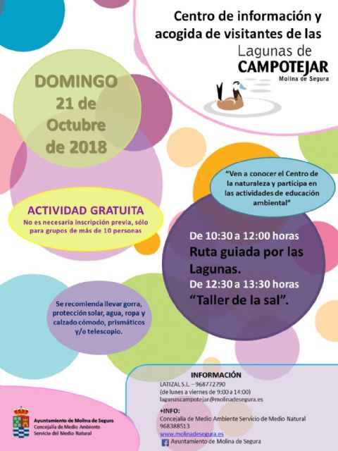 El Centro de Información y Acogida de Visitantes de Las Lagunas de Campotéjar  Salar Gordo de Molina de Segura propone una ruta guiada y un taller de la sal el domingo 21 de octubre