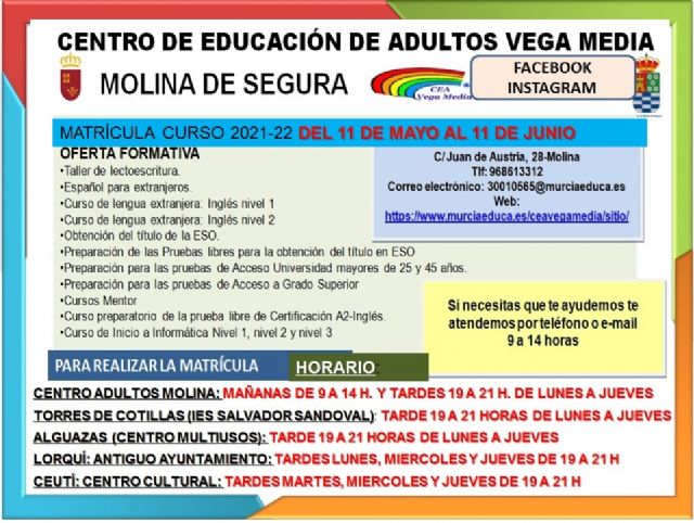 Abierto el plazo de solicitud de matrícula para el Centro Comarcal de Educación de Adultos Vega Media de Molina de Segura hasta el día 11 de junio