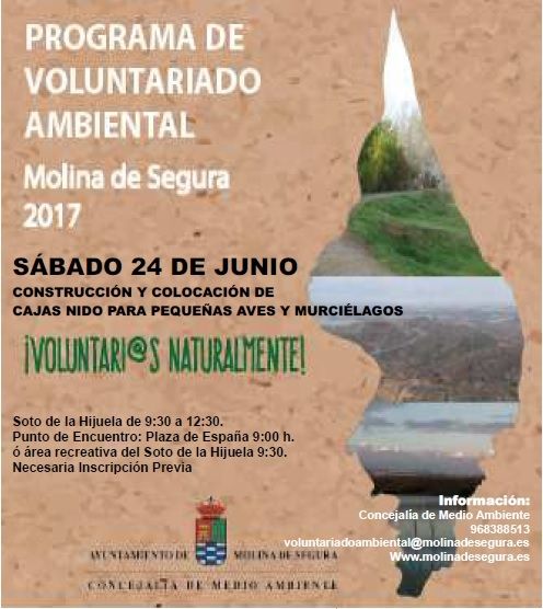 El Programa de Voluntariado Ambiental de Molina de Segura ¡Voluntari@s Naturalmente! invita a construir cajas nido para pequeñas aves el sábado 24 de junio