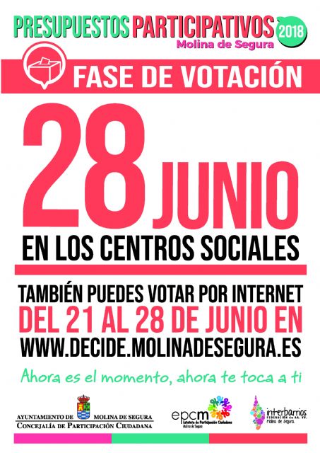 El proceso de votación para los Presupuestos Participativos 2018 del Ayuntamiento de Molina de Segura se celebra del 21 al 28 de junio