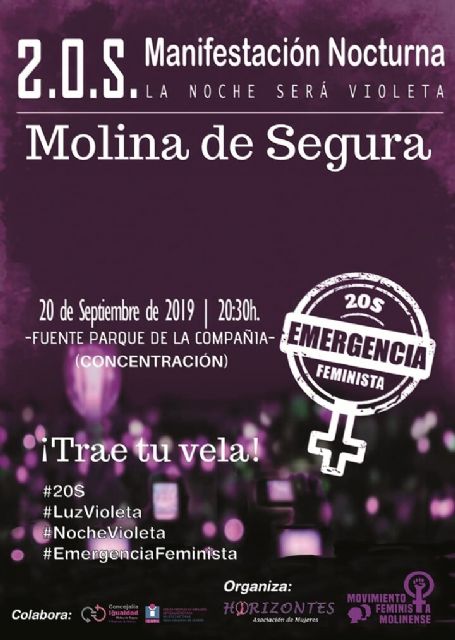 La Concentración Nocturna Emergencia Feminista, La Noche será Violeta se celebra en Molina de Segura el viernes 20 de septiembre