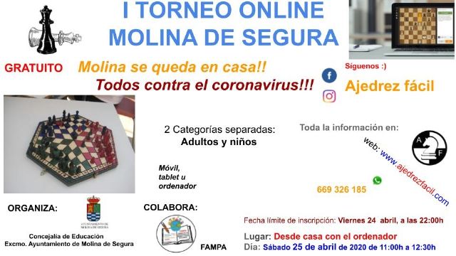 La Concejalía de Educación de Molina de Segura organiza el Primer Torneo de Ajedrez Online, que se celebra el sábado 25 de abril