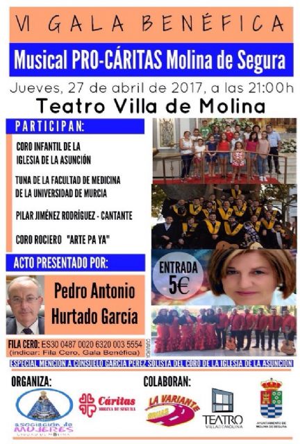 El Teatro Villa de Molina acoge la VI Gala Benéfica Musical Pro Cáritas de Molina de Segura el jueves 27 de abril