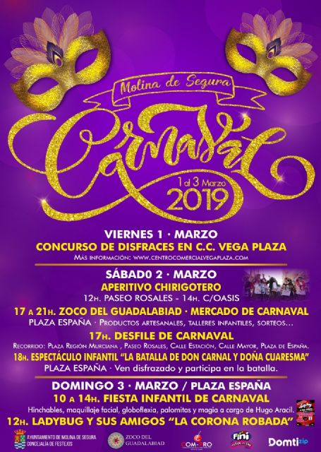 Molina de Segura celebra el Carnaval 2019 con concurso de disfraces, desfile y actividades de animación infantil del 1 al 3 de marzo