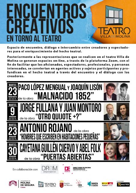 La Concejalía de Cultura de Molina de Segura retoma el programa Encuentros Creativos en torno al Teatro en los meses de febrero y marzo