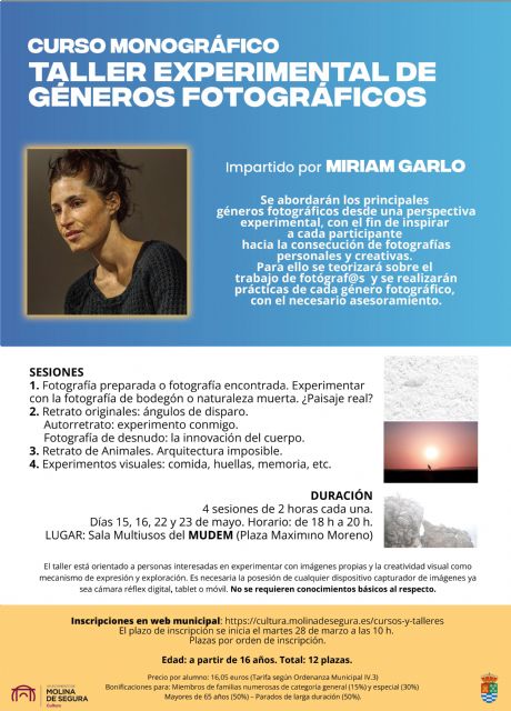 La Concejalía de Cultura de Molina de Segura organiza talleres experimentales de pintura y fotografía, impartidos por Míriam Garlo, que se desarrollarán en abril y mayo de 2023