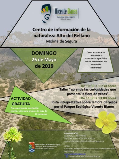 El Centro de Información de la Naturaleza Alto del Rellano - Parque Ecológico Vicente Blanes de Molina de Segura dará a conocer la flora de yesos el domingo 26 de mayo