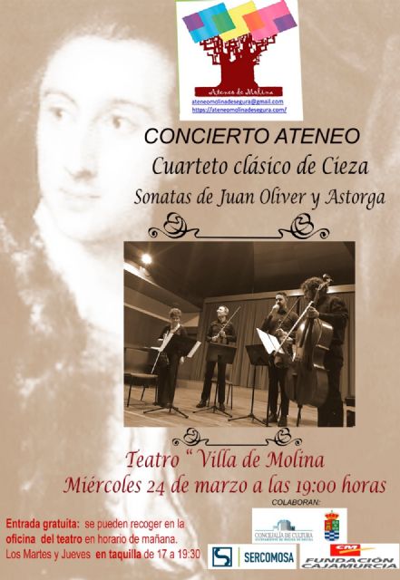 El Ateneo de Molina promueve el concierto SONATAS DE JUAN OLIVER Y ASTORGA, a cargo del Cuarteto Clásico de Cieza, el miércoles 24 de marzo en el Teatro Villa de Molina