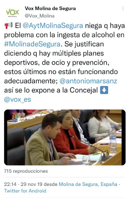 VOX Molina celebra que el PSOE lleve al pleno una ordenanza antibotellón rechazada en 2019 y propuesta por este partido