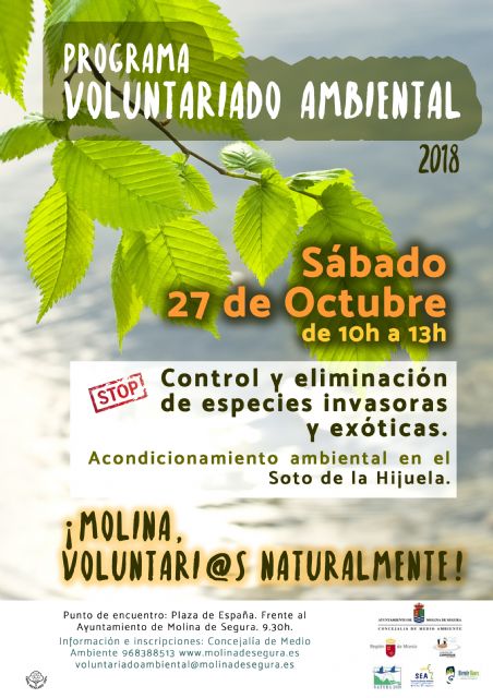 El Programa de Voluntariado Ambiental de Molina de Segura ¡Voluntari@s Naturalmente! colabora en el control y eliminación de especies invasoras y exóticas en el Río Segura el sábado 27 de octubre