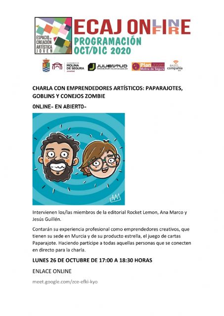 La Concejalía de Juventud de Molina de Segura organiza la charla Emprendedores artísticos: Paparajotes, Goblins y Conejos Zombie el lunes 26 de octubre