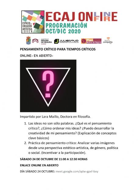 La Concejalía de Juventud de Molina de Segura organiza la sesión-encuentro Pensamiento crítico para tiempos críticos el sábado 24 de octubre