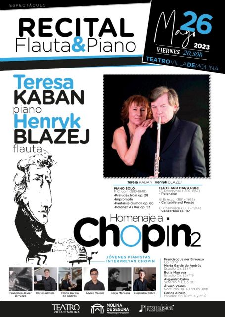 Teresa Kaban y Henryk Blazej ofrecen el recital de piano y flauta HOMENAJE A CHOPIN 2 el viernes 26 de mayo en el Teatro Villa de Molina