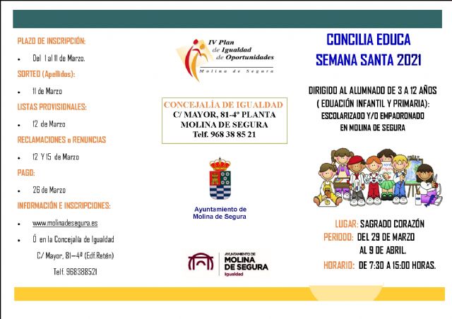 La Concejalía de Igualdad de Molina de Segura abre el plazo de inscripción para el Servicio Concilia Educa Semana Santa 2021