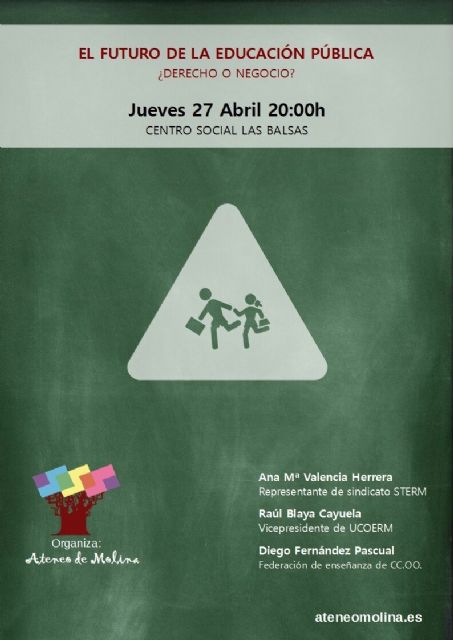 El Ateneo Villa de Molina de Segura organiza una charla-debate sobre el futuro de la educación pública el jueves 27 de abril