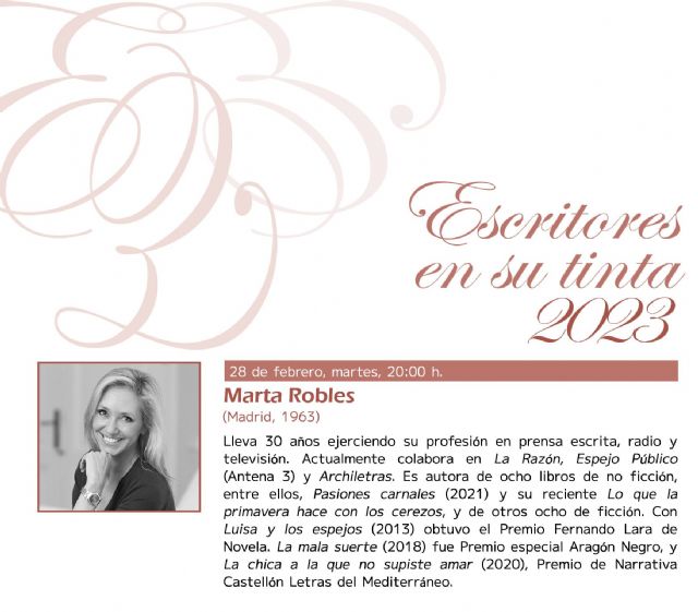 Marta Robles abre el Ciclo Escritores en su tinta 2023 de Molina de Segura el martes 28 de febrero