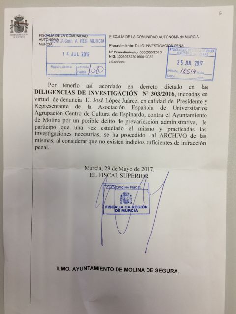 La Fiscalía Superior de la Región de Murcia acuerda el archivo de la denuncia contra el Ayuntamiento de Molina de Segura en el caso del velódromo