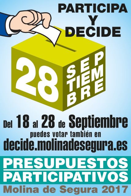 La jornada de votación presencial para los Presupuestos Participativos 2017 del Ayuntamiento de Molina de Segura se celebra el jueves 28 de septiembre