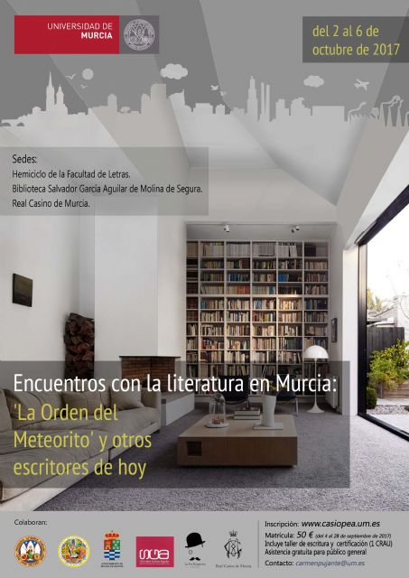 Molina de Segura será una de las sedes de las Jornadas Encuentros con la literatura en Murcia: 'La Orden del Meteorito' y otros escritores de hoy, del 2 al 6 de octubre