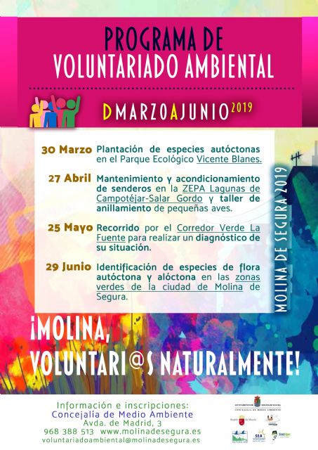 El Programa de Voluntariado Ambiental de Molina de Segura ¡Voluntari@s Naturalmente! presenta para esta primavera 4 nuevas actividades