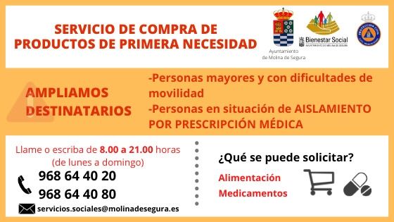 La Concejalía de Bienestar Social de Molina de Segura amplía los destinatarios que pueden solicitar el servicio de compra de productos de primera necesidad durante el estado de alarma por el COVID-19