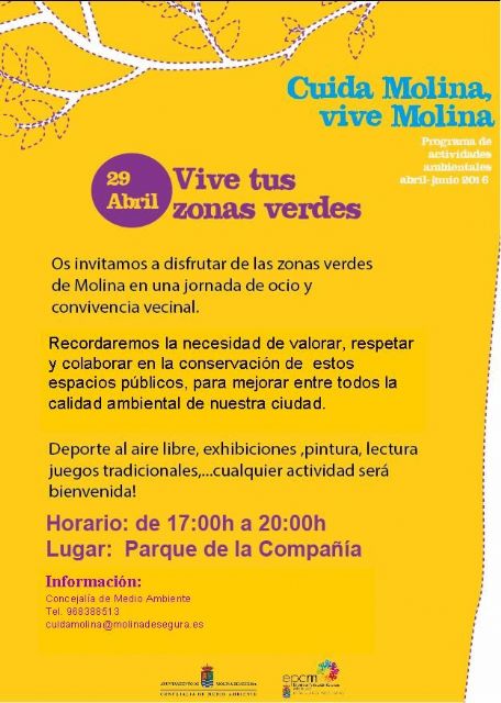 El Ayuntamiento de Molina de Segura invita a la ciudadanía a Vivir en las zonas verdes el viernes 29 de abril en el Parque de la Compañía