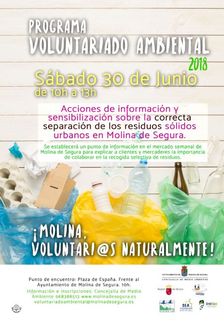 El Programa de Voluntariado Ambiental de Molina de Segura ¡Voluntari@s Naturalmente! realiza acciones de información y sensibilización sobre la correcta separación de los residuos sólidos urbanos el sábado 30 de junio