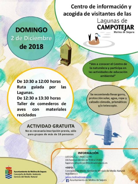 El Centro de Información y Acogida de Visitantes de Las Lagunas de Campotéjar  Salar Gordo de Molina de Segura organiza un taller de elaboración de comederos de aves el domingo 2 de diciembre