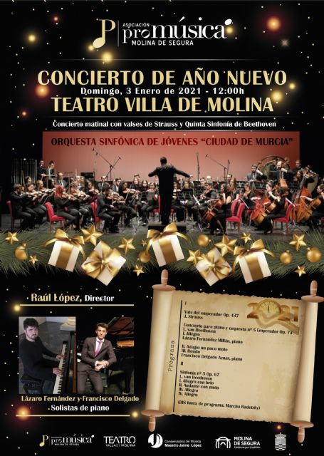La Orquesta Sinfónica de Jóvenes Ciudad de Murcia ofrece el Concierto de Año Nuevo en el Teatro Villa de Molina el domingo 3 de enero, con obras de Strauss y Beethoven