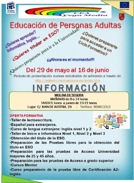 Abierto el plazo de solicitud de matrícula para el Centro Comarcal de Educación de Adultos Vega Media de Molina de Segura hasta el día 16 de junio
