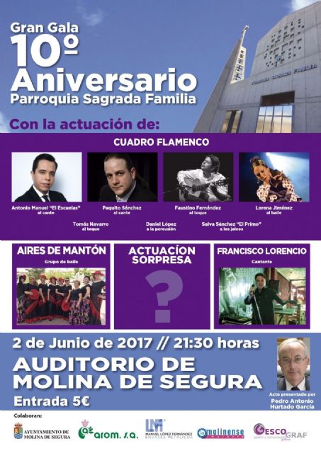 La Gala Benéfica 10° Aniversario Parroquia Sagrada Familia se celebra el viernes 2 de junio en el Auditorio Municipal de Molina de Segura
